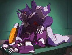 all_fours cyclonus doggy_style duo felixfellow from_behind_position galvatron glowing glowing_eyes humanoid machine male on_table open_mouth penetration robot sex simple_background transformers yaoi