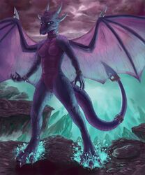 2015 anthro anthrofied blue_eyes breasts claws cloud cynder dragon featureless_breasts female horn membranous_wings nude outside purple_scales pussy scales scalie solo spectrumshift spyro_the_dragon toe_claws video_games wings