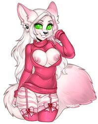 anthro big_breasts bow breasts clothing ear_piercing fangs feline female green_eyes hair keyhole_turtleneck legwear long_hair looking_at_viewer mammal nipples piercing pussy smile stockings sweater white_hair wide_hips xenthyl