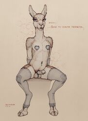 2015 anthro arm_warmers balls camelid clothing cock_ring ear_piercing ecmajor eyelashes front_view genital_piercing girly hooves legwear llama male mammal penis piercing santiago sitting slim solo stockings tongue