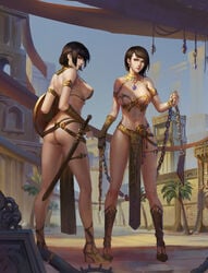 2girls armor ass bikini_armor black_hair breasts brown_eyes brown_hair chain chains cleavage earrings egypt egyptian female female_only flail from_behind gauntlets gladiator gladiatrix high_heels jewelry large_breasts lips loincloth looking_at_viewer looking_back midriff multiple_girls navel necktie original palm_tree rome sandals scabbard sheathed shield shoes short_hair sideboob strap_gap sword thong tower tree warrior weapon youyi