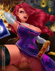 black_stockings blue_eyes cops_and_robbers_series cowgirl_position dragonfu exposed_nipple female gun hair_over_one_eye large_breasts league_of_legends long_hair male miss_fortune nipple_bulge nipple_slip no_panties pearl_necklace penetration penis pov purple_dress pussy red_hair redhead secret_agent_miss_fortune sex stockings the_grind_series vaginal_penetration weapon