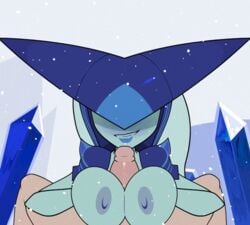 animated areola blue_hair blue_lips blue_skin bouncing_breasts breasts breasts_exposed breasts_out covered_eyes duo faceless_male female headgear helmet human ice large_breasts league_of_legends lissandra long_hair male nipples paizuri pov shoulder_pads smile smirk snow snowing solo_focus straight theboogie video_games white_hair