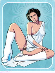 a_new_hope black_hair boots breasts dress female high_heels nipples princess_leia_organa pussy sitting sjofn solo star_wars