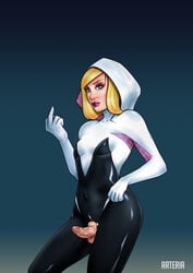 1futa arteria balls blonde_hair blue_eyes bodysuit crotchless erection flat_chest futa_only futanari gwen_stacy hood intersex marvel no_panties penis penis_out small_penis solo spider-gwen spider-man_(series) standing