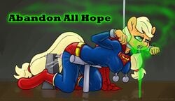 anthro applejack_(mlp) bondage bound cosplay dc depowered drooling female friendship_is_magic fucking_machine gag gas kryptonite machine my_little_pony nipple_weights nipples open_mouth_gag orgasm pussy_ejaculation pussy_juice ring_gag rubber saliva sex_machine smooth_skin smudge_proof solo stocks superman supermare text weights_(bdsm) wet