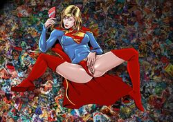 blonde_hair blue_eyes boots cape dc dc_comics panties_aside pussy renx spread_pussy supergirl