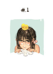 brown_eyes brown_hair cum facial female glasses hair_bobbles hair_ornament hjl licking looking_at_viewer rubber_duck