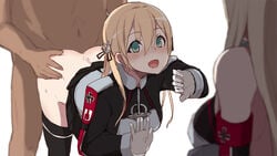 1boy 2girls ass_grab bent_over bismarck_(kantai_collection) blonde_hair doggy_style female gloves kantai_collection long_hair male maze_(gochama_ze_gohan) military military_uniform multiple_girls prinz_eugen_(kantai_collection) sex sketch solo_focus straight thighhighs uniform