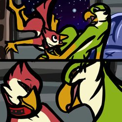 2016 anonyartist anthro askos avian avian_(starbound) beak bird bookcase collar comic duo feathers float floating furniture green_feathers maladash male open_mouth penis red_feathers sofa space space_background star starbound stare surprised talons the_look video_games wall yaoi