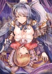 armor breasts brown_hair clarisse_(granblue_fantasy) gloves granblue_fantasy green_eyes heles highres nikek96 nipples one_eye_closed red_eyes silver_hair