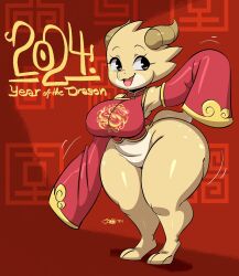 2024 anthro arm_sleeves barefoot big_breasts bottomless_female breasts chinese_clothes chinese_new_year clothing curvy curvy_hips detached_sleeves female freckles freckles_on_ass happy horns huge_thighs humanoid joaoppereiraus kobold looking_to_the_side open_mouth partially_clothed sleeves_past_fingers smiling solo standing thick_thighs thighs tiki_(joaoppereiraus) year_of_the_dragon yellow_body yellow_eyes