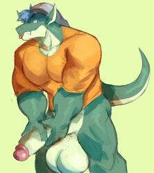 1boy 2023 anthro backwards_baseball_cap backwards_hat balls baseball_cap big_balls black_eyes blep blue_hair bottomless bottomless_anthro bottomless_male circumcised clothed clothing dragon front_view fungirussy genitals glans green_background green_balls green_body green_penis green_skin green_tail hair hand_on_penis hat headgear headwear hi_res holding_penis huge_balls humanoid_genitalia humanoid_penis male male_only muscular muscular_anthro muscular_male orange_clothing orange_shirt orange_topwear penis pink_glans shirt simple_background solo solo_male standing tagme tail tongue tongue_out topwear tuft unknown_character