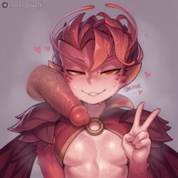 1boy ai_dota_ai ai_generated antennae artist_name blush breasts cape colored_sclera colored_skin dark_willow dota_2 female grey_background hand_up heart looking_at_viewer medium_breasts mireska_sunbreeze_the_dark_willow monster_girl penis penis_on_face pointy_ears red_eyes red_skin shiny_skin short_hair simple_background smile solo_focus straight sweat testicles uncensored underboob upper_body v veins veiny_penis wings yellow_sclera