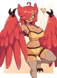 1girls 2023 3_fingers 3_toes bird_legs commission dark-skinned_female dark_skin female female_only green_eyes hair_over_one_eye harpy harpy_girl hi_res j5daigada looking_at_viewer monster_girl red_feathers red_hair smiling smiling_at_viewer solo sportswear thick_thighs winged_arms wings