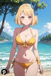 ai_generated bare_shoulders beach bikini blonde_hair blue_sky breasts cleavage cloud collarbone cowboy_shot day female hair_ribbon halterneck isekai_nonbiri_nouka large_breasts looking_at_viewer navel ocean outdoors pikkiwynn ribbon short_hair side-tie_bikini_bottom sky smile solo swimsuit tia_(isekai_nonbiri_nouka) tree yellow_bikini yellow_eyes