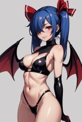 ai_generated arms_behind_back bangs bare_shoulders bat_wings black_gloves black_panties blue_hair breasts cleavage cleavage_cutout closed_mouth cowboy_shot demon_girl demon_wings elbow_gloves female gloves grey_background hair_over_one_eye hair_ribbon highleg highres latex long_hair looking_at_viewer medium_breasts navel panties red_eyes red_ribbon remilia_scarlet ribbon simple_background smile solo touhou twintails underwear wings wombat9043