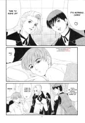 1boy 2d 2d_(artwork) 2girls black_and_white chris_(king_of_fighters) clothed clothed_female clothed_male clothing dialogue doujin doujinshi english_dialogue english_text king_of_fighters kof mature_(kof) monochrome older_woman_and_younger_boy page_6 page_number panels saigado short_hair text_bubble tied_hair translated vice_(kof)