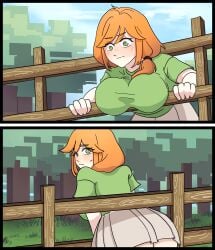 1girls alex_(minecraft) artist_request big_breasts blush clothing ginger ginger_hair green_eyes looking_back medium_hair minecraft orange_hair outdoors ponytail red_hair skirt steve_you_gotta_help_me_i'm_stuck stuck stuck_in_fence sweatdrop tagme_(artist) worried_expression