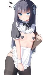 arcaea embarrassed english_text exposed_chest frustrated holding_object maid_apron maid_uniform menu pasties pulling_clothing reverse_bunnysuit small_breasts squiggle tairitsu_(arcaea) unamused waitress