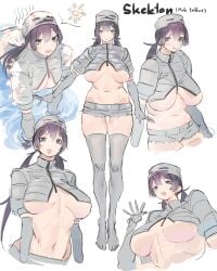 1girls ayumi_(mob_talker) big_breasts cleavage clothing gloves grey_eyes grey_hair hat heat jacket long_gloves looking_at_viewer minecraft mob_talker open_clothes shorts silver_eyes silver_hair skeleton_(minecraft) skimpy smile standing stockings thick_thighs water waving