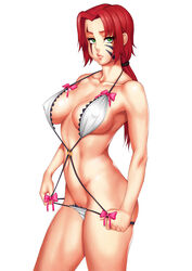 absurdres bikini bikini_pull bow bow_bikini breasts covered_nipples facial_mark female green_eyes highres legendarysoulii linmei looking_at_viewer navel nipples original ponytail red_hair simple_background solo swimsuit tied_hair toned white_background