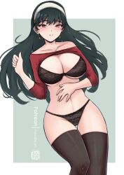 artist_name bare_shoulders big_breasts black_bra black_hair black_panties black_thighhighs bra breasts chascoby cleavage curvy_figure earrings feet_out_of_frame female hairband jewelry large_breasts long_hair long_sleeves looking_at_viewer navel nipple_slip off-shoulder_shirt off_shoulder panties parted_lips red_eyes red_shirt shirt solo spy_x_family standing stomach thighhighs thighs underwear very_long_hair white_hairband yor_briar