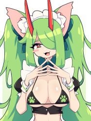 1girls 2023 bikini_top breasts cat_ears catgirl cheek_spots dew_(j5daigada) dragon_girl female female_only green_hair hair_over_one_eye hi_res horns hybrid j5daigada long_hair looking_at_viewer maid_headdress maid_uniform neck_ribbon red_eyes smiling smiling_at_viewer solo three-quarter_portrait twintails wrist_cuffs