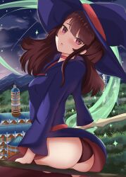 absurdres ass blush braid breasts broom brown_hair choker dress female flying from_behind hat highres kagari_atsuko little_witch_academia long_hair looking_at_viewer nicksuslin open_mouth outdoors panties pantyshot purple_eyes shiny_skin sideboob solo star_(sky) underwear witch witch_hat