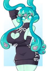 1girls 2024 absurd_res anthro arm_sleeves arm_under_breasts big_breasts commission female female_only glasses green_body green_eyes green_hair heart_cutout hi_res j5daigada looking_at_viewer marine round_glasses sea_slug smiling smiling_at_viewer solo sweater tentacle tentacle_hair