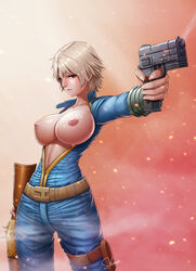 10mm_pistol angry areola bangs belt blonde_hair blush bodysuit breasts computer electronics fallout fallout_4 female female_only firearm hair handgun heavy_blush hourglass_figure huge_breasts jumpsuit large_breasts long_gun nipples onewasho pale_skin partial_nudity perky_breasts pip-boy pistol platinum_blonde_hair pose puffy_areola red_eyes rifle short_hair skintight sole sole_survivor_(female) solo unzipped vault_111 vault_dweller vault_girl vault_suit weapon wristwear zipper_pull_tab