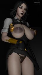 1girls 3d 3d_(artwork) big_breasts black_background black_hair black_lipstick blind_eye dark_nipples epic_games eyelashes eyeshadow female fortnite gloves goth grey_background huge_areolae huge_breasts looking_at_viewer marigold_(fortnite) pale-skinned_female presenting_pussy pubic_hair qherna3d scar skirt skirt_lift tie veiny_breasts yellow_eyes