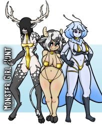 antennae_(anatomy) black_fur cow_ears cow_girl cow_horns cow_print deer_antlers deer_ears deer_girl deer_horns deer_tail female gold gold_bikini hooves monster_girl moth moth_girl neck_tuft skimpy skimpy_bikini tail wendigo