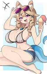 1girls 2023 arknights big_breasts bikini_top brown_hair dog_ears dog_girl female female_only hi_res ice_cream ice_cream_cone j5daigada looking_at_viewer oerba_yun_fang purple_eyes smiling smiling_at_viewer solo sunglasses_on_head tail twin_braids utage_(arknights) utage_(summer_flowers)_(arknights)