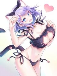 aqua_eyes aqua_hair bell bell_collar black_bra black_legwear black_panties bra breasts cat_ear_panties cat_keyhole_bra cat_lingerie clothes collar female human large_breasts open_mouth panties solo tagme underwear underwear_only