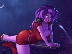 1girls 2023 akeowi alien alien_humanoid aqua_eyes ass awesomenauts big_breasts blush bodysuit boots coco_nebulon female female_only freckles humanoid looking_at_viewer purple_hair purple_skin red_lips smiling smiling_at_viewer solo tentacle_hair thick_thighs