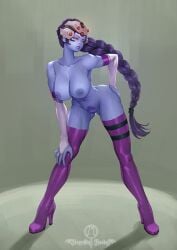 1girls ass bare_breasts bare_shoulders bare_thighs big_breasts blizzard_entertainment color female female_focus female_only hand_on_butt hi_res impalingpoetry long_hair looking_at_another nipples nude nude_female overwatch overwatch_2 purple_eyes purple_hair solo solo_female tagme thick_thighs widowmaker