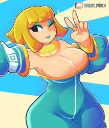 1girls bel_(brc) big_breasts bomb_rush_cyberfunk breasts cleavage clothing female human lipstick oni_punch pale_skin thick_thighs v wide_hips wink