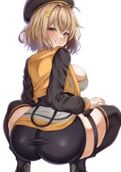 1girls anis_(nikke) ass ass_focus big_ass blonde_hair blush broly_culo cleavage fully_clothed goddess_of_victory:_nikke grin hotpants parapetto squatting thighhighs thighs tight_clothing white_background yellow_eyes