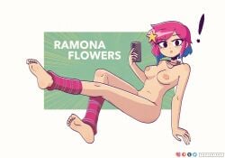 ! 1girls black_eyes blue_hair blue_nails female hair_ornament holding_object kt-draws legwear nail_polish nude nude_female phone pink_hair pink_legwear ramona_flowers scott_pilgrim short_hair solo solo_female star two_tone_hair