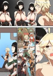 1boy 5girls adventurers_guild aether_(genshin_impact) android anime_style big_breasts bluecandy breasts breasts_out dirndl female genshin_impact guild katheryne_(genshin_impact) kuudere male manga nilou_(genshin_impact) npc npc_(genshin_impact) reverse_gangbang shenhe_(genshin_impact) short_hair tied_up uniform