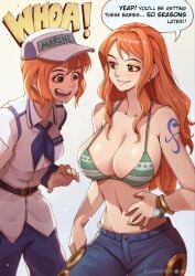 2girls belly belly_button belt big_breasts bikini bikini_top blue_tattoo bracelet cap cleavage ear_piercing emily_rudd english_text excited female female_only fictional_and_real green_bikini hand_on_belly hat jammeryx jeans long_hair looking_at_breasts midriff multiple_girls nami nami_(one_piece) navel netflix older_self one_piece one_piece_(live_action) orange_hair pants post-timeskip post_timeskip pre-timeskip real_person sailor_collar smile speech_bubble striped_bikini tattoo text time_paradox watch wristwear younger_self