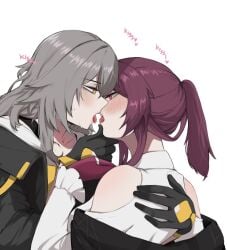 2girls absurdres after_kiss blush gloves grabbing_another's_chin grey_hair hand_on_another's_chin highres honkai:_star_rail honkai_(series) kafka_(honkai:_star_rail) masoq095 multiple_girls purple_eyes purple_hair saliva saliva_trail stelle_(honkai:_star_rail) tongue tongue_out yellow_eyes yuri