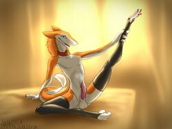 1boy 2016 anthro balls clothing dirka_altarga erection fur hi_res linuell male male_only orange_fur paws penis sergal simple_background smile solo white_fur