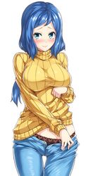 1girls aqua_eyes big_breasts black_panties blue_eyes blue_hair blush breasts clothes_lift denim female gundam gundam_build_fighters iori_rinko jeans lace-trimmed_panties lace_panties large_breasts lingerie long_hair looking_at_viewer milf open_fly panties pants ponytail ribbed_sweater simple_background smile solo sweater sweater_lift tied_hair turtleneck unbuttoned underwear undressing unzipped uyu_(keyakinoki)