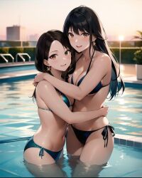 2girls ai_generated ai_mirror belly_button bikini blue_bikini blush brown_eyes brown_hair building earrings flower_pot friends hugging in_water long_hair looking_at_viewer medium_hair plant pool pool_ladder roof small_breasts sunset white_skin