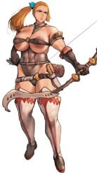 1girls 2021 absurd_res archer areolae arrow belt black_eyes bow_(weapon) breast_strap brown_gloves brown_leotard cameltoe cleavage covered_navel dagger female female_only full_body gloves hair_ornament highleg highleg_leotard highres holding_arrow holding_bow_(weapon) holding_weapon huge_breasts large_areolae leotard long_hair muscles muscular muscular_female necklace nipple_bulge orange_hair original pepe_(jonasan) ponytail revealing_clothes serious sheath shoes simple_background solo standing thick_thighs thighhighs thighs tied_hair tight_clothing underboob weapon white_background zettai_ryouiki