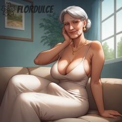 ai_generated brown_eyes cleavage couch covered_penis dress earrings elder elderly elderly_female erection erection_under_clothes erection_under_clothing flordulce futa_only futanari gilf grandmother granny granny_futa grey_hair indoors jewelry living_room necklace old_woman seductive seductive_look seductive_smile sitting solo_futa