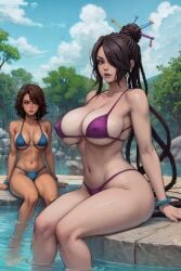 2girls ai_generated big_ass big_breasts big_butt bikini black_hair breast_envy breasts breasts_focus cleavage cleavage_overflow curvy curvy_body curvy_female curvy_figure envy final_fantasy final_fantasy_x front_view hair hair_ornament hair_over_one_eye highleg_swimsuit jealous jealous_female large_ass large_breasts legs legs_together light-skinned_female light_skin lips lipstick looking_at_another looking_at_breasts looking_at_partner looking_at_viewer looking_pleasured lulu_(final_fantasy) mature mature_female micro_bikini multiple_girls navel nipples_visible_through_clothing outdoors outside partially_clothed partially_submerged pool side_boob side_view sideboob sitting smile smiling smiling_at_viewer square_enix string_bikini swimming swimming_pool swimsuit swimsuits tan tan_body thick thick_ass thick_thighs thighs toned toned_body toned_female water yuna