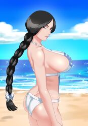 1girls ass ass_focus big_breasts black7 black_eyes black_hair bleach braid braided_ponytail breasts female female_focus floral_print from_behind huge_breasts large_breasts looking_at_viewer looking_back looking_back_at_viewer mature mature_female milf one-piece_swimsuit ponytail seaside standing swimsuit unohana_retsu very_long_hair water